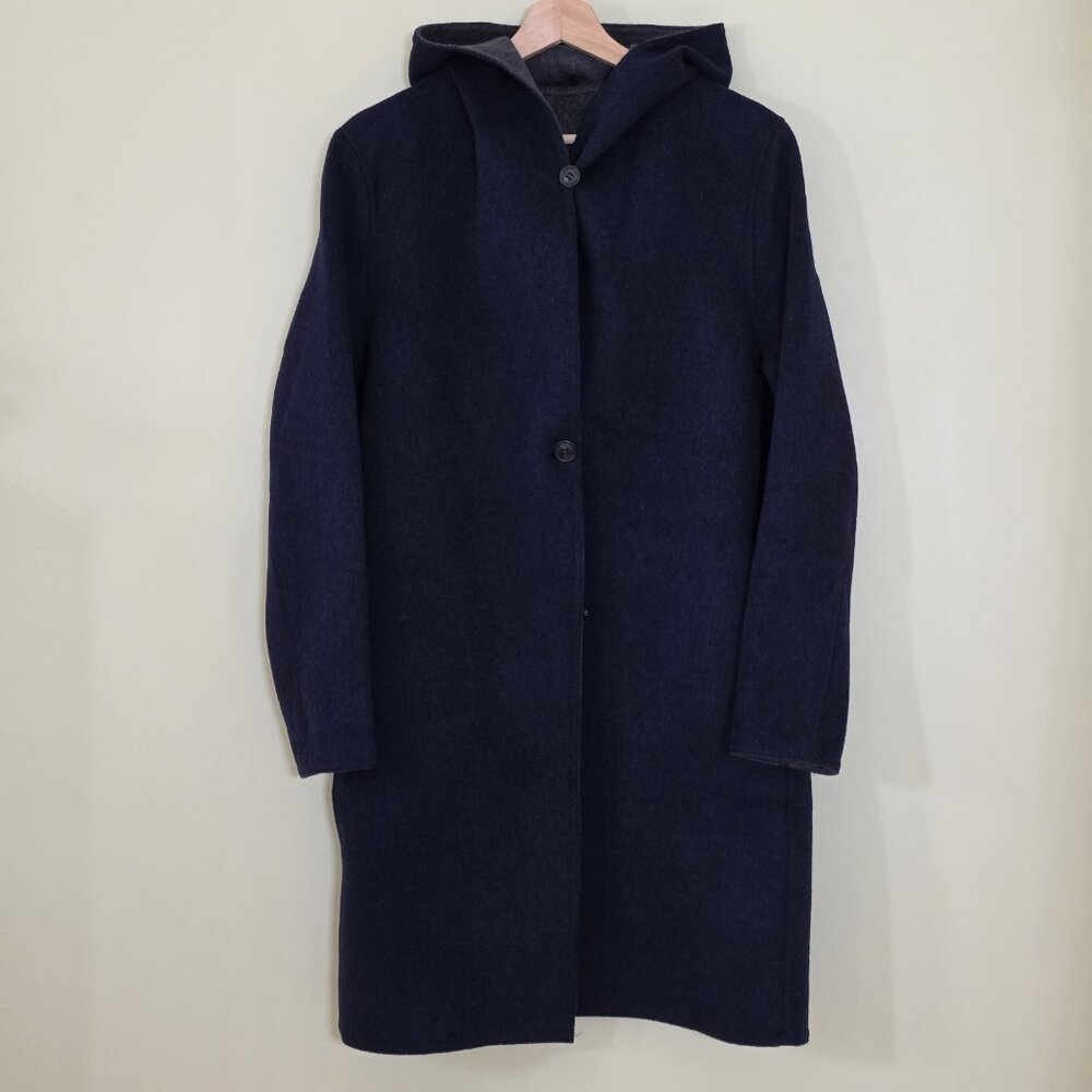 Uniqlo Wool Blend Coat Women S Navy Unlined Oversized Buttons LS Hood Clean Edgy